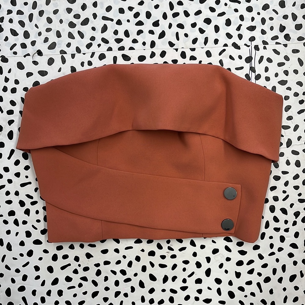 C/Meo Strapless Cropped Orange Foldover Collar Top
